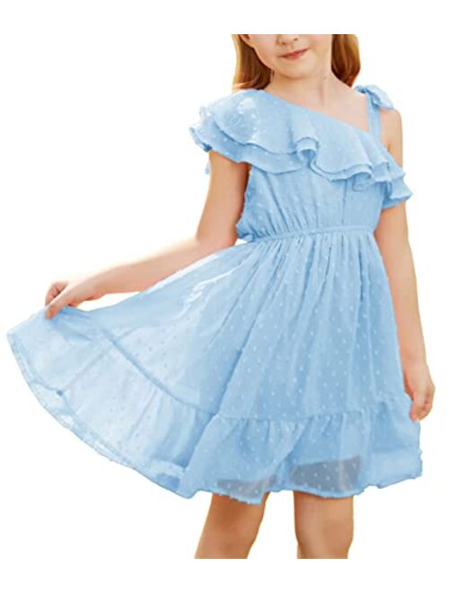 GRACE KARIN Girls Summer Dress One Shoulder Ruffle Sleeve Midi Casual Sundress