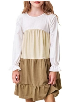 Girls Casual Long Sleeve Dress Crew Neck Tiered A Line Dress 6-12Y