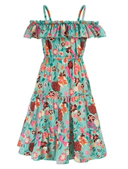 Girls Summer Dress Off Shoulder Ruffle Floral Spaghetti Strap Casual Sundress Tiered Midi Dress