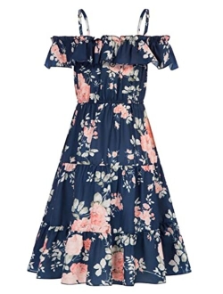 Girls Summer Dress Off Shoulder Ruffle Floral Spaghetti Strap Casual Sundress Tiered Midi Dress