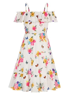 Girls Summer Dress Off Shoulder Ruffle Floral Spaghetti Strap Casual Sundress Tiered Midi Dress