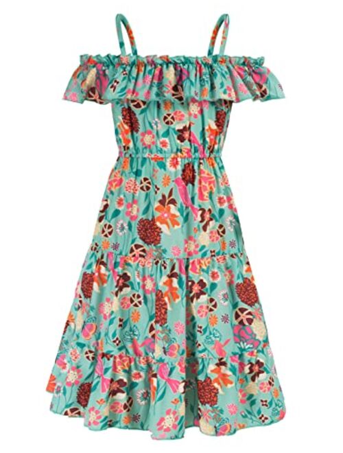 Grace Karin Girls Summer Dress Off Shoulder Ruffle Floral Spaghetti Strap Casual Sundress Tiered Midi Dress