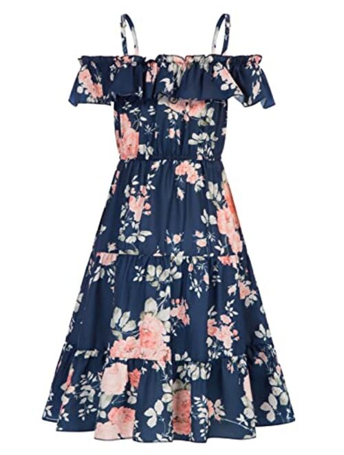 Grace Karin Girls Summer Dress Off Shoulder Ruffle Floral Spaghetti Strap Casual Sundress Tiered Midi Dress