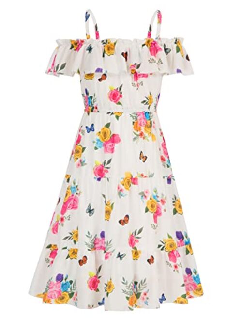 Grace Karin Girls Summer Dress Off Shoulder Ruffle Floral Spaghetti Strap Casual Sundress Tiered Midi Dress