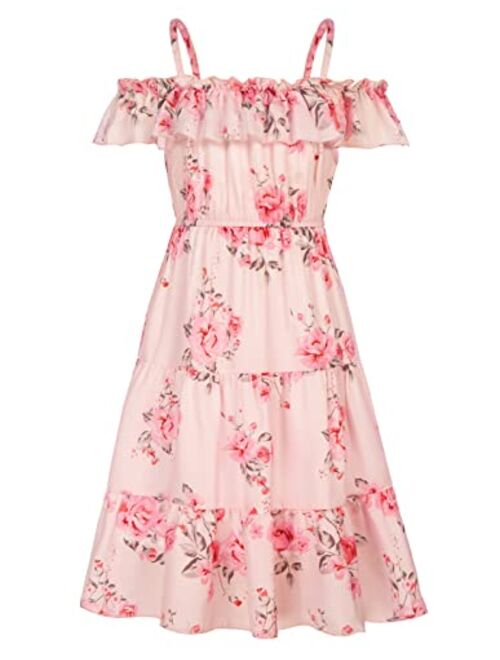 Grace Karin Girls Summer Dress Off Shoulder Ruffle Floral Spaghetti Strap Casual Sundress Tiered Midi Dress