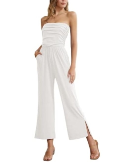 Women's Summer Casual Strapless Wide Leg Jumpsuits with Pockets