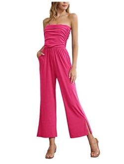 Women's Summer Casual Strapless Wide Leg Jumpsuits with Pockets