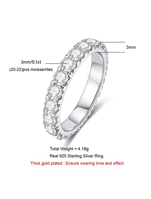 AnuClub 3mm Eternity Moissanite Wedding Band Ring, 2.3ctw D Color Lab Diamond 18K Gold Plated Silver Ring for Women With Certificate