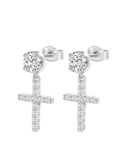 TRUMIUM Cross Earrings for Men Women 925 Sterling Silver Hypoallergenic Silver Gold Stud Earrings White Cubic Zirconia Cz Dangle Earrings