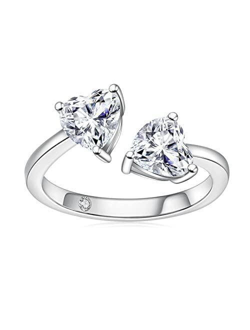 AnuClub Adjustable Moissanite Heart Statement Ring 2cttw D Color Lab Created Diamond 14K Gold Plated Sterling Silver Unique Eternity Wedding Promise Anniversary Band Ring