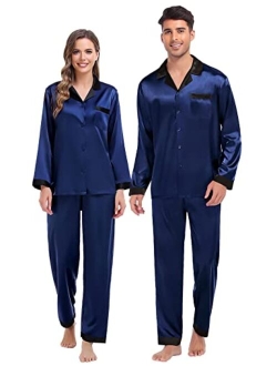 SWOMOG Couples Matching Pajamas Sets Silk Satin Long Sleeve Sleepwear Button-Down Soft Loungewear Loose Pjs Set