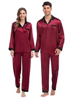 SWOMOG Couples Matching Pajamas Sets Silk Satin Long Sleeve Sleepwear Button-Down Soft Loungewear Loose Pjs Set