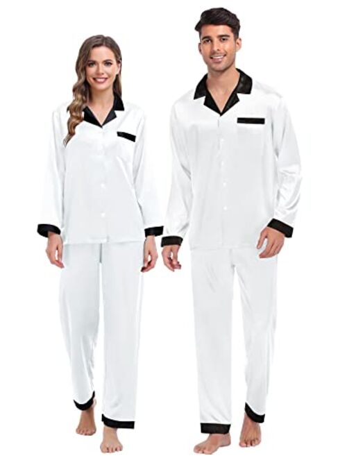 SWOMOG Couples Matching Pajamas Sets Silk Satin Long Sleeve Sleepwear Button-Down Soft Loungewear Loose Pjs Set