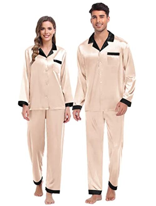 SWOMOG Couples Matching Pajamas Sets Silk Satin Long Sleeve Sleepwear Button-Down Soft Loungewear Loose Pjs Set