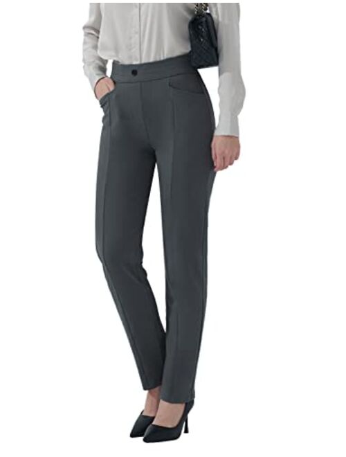 Hiverlay Dress Pants for Women Stretchy Pull On Straight Leg Trouser with Pockets