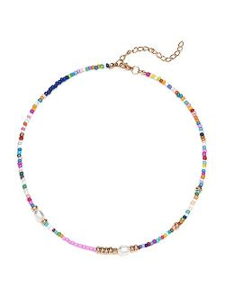 COLORFUL BLING Boho Smiley Layered Beaded Necklaces with Strand Bracelet, Smile Face Star Fruits Flowers Heart Shape Beads Pearl Stackable Collar Necklace Anklet for Wome