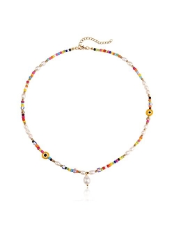 Wellike Colorful Beaded Necklace for Women Freshwater Beaded Pearl Choker Necklace Evil Eye Pearl Necklaces for Teen Girls Stainless Steel 18K Gold Plated Necklace Y2K Tr