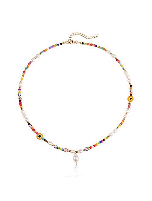 Wellike Colorful Beaded Necklace for Women Freshwater Beaded Pearl Choker Necklace Evil Eye Pearl Necklaces for Teen Girls Stainless Steel 18K Gold Plated Necklace Y2K Tr