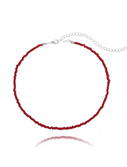 Tgirls Boho Choker Necklace Chain Red Seed Rice Beaded Necklaces Jewelry for Women and Girls