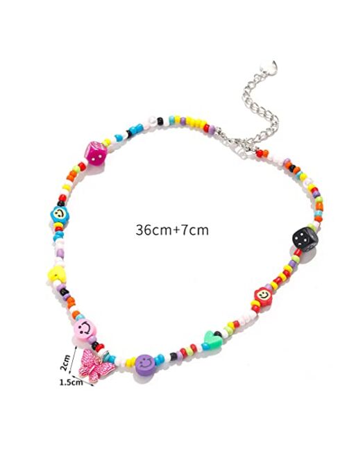 Hodea Cute Neckalce Funny Weird Necklace Colorful Beaded Necklace Smile Face Mushroom Lollipops Butterfly Gummy Bear Boba Tea Heart Beaded Necklace Indie Jewelry for Girl