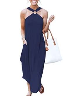 Women's Summer Casual Criss Cross Sundress Sleeveless Split Maxi Long Beach Dress with Pockets