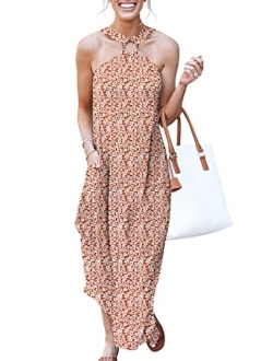 Women's Summer Casual Criss Cross Sundress Sleeveless Split Maxi Long Beach Dress with Pockets