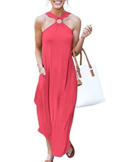 Women's Summer Casual Criss Cross Sundress Sleeveless Split Maxi Long Beach Dress with Pockets