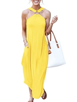 Women's Summer Casual Criss Cross Sundress Sleeveless Split Maxi Long Beach Dress with Pockets