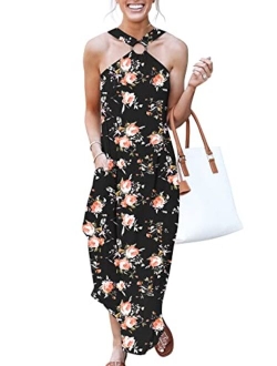 Women's Summer Casual Criss Cross Sundress Sleeveless Split Maxi Long Beach Dress with Pockets