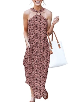 Women's Summer Casual Criss Cross Sundress Sleeveless Split Maxi Long Beach Dress with Pockets