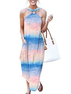 Women's Summer Casual Criss Cross Sundress Sleeveless Split Maxi Long Beach Dress with Pockets