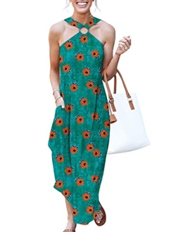 Women's Summer Casual Criss Cross Sundress Sleeveless Split Maxi Long Beach Dress with Pockets