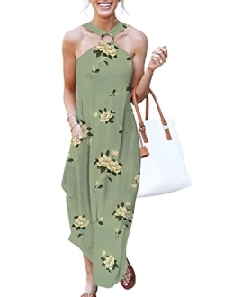 Women's Summer Casual Criss Cross Sundress Sleeveless Split Maxi Long Beach Dress with Pockets