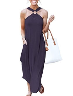 Women's Summer Casual Criss Cross Sundress Sleeveless Split Maxi Long Beach Dress with Pockets