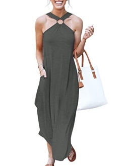 Women's Summer Casual Criss Cross Sundress Sleeveless Split Maxi Long Beach Dress with Pockets