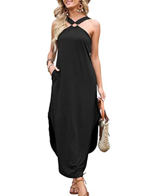 ANRABESS Women's Summer Casual Criss Cross Sundress Sleeveless Split Maxi Long Beach Dress with Pockets