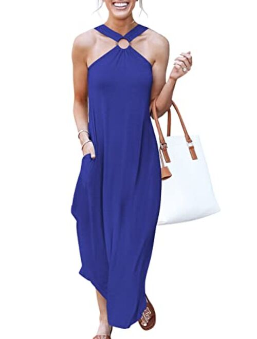 ANRABESS Women's Summer Casual Criss Cross Sundress Sleeveless Split Maxi Long Beach Dress with Pockets