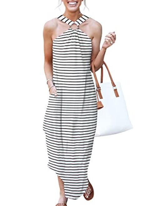 ANRABESS Women's Summer Casual Criss Cross Sundress Sleeveless Split Maxi Long Beach Dress with Pockets