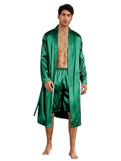 Men's Silk Bathrobes Long Sleeve Satin Kimono Robe with Shorts Sleepwear Pajamas Set