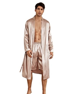 Men's Silk Bathrobes Long Sleeve Satin Kimono Robe with Shorts Sleepwear Pajamas Set