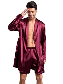 Men's Silk Bathrobes Long Sleeve Satin Kimono Robe with Shorts Sleepwear Pajamas Set