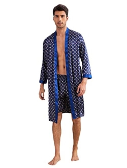 Men's Silk Bathrobes Long Sleeve Satin Kimono Robe with Shorts Sleepwear Pajamas Set