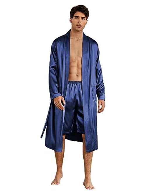 SOLY HUX Men's Silk Bathrobes Long Sleeve Satin Kimono Robe with Shorts Sleepwear Pajamas Set