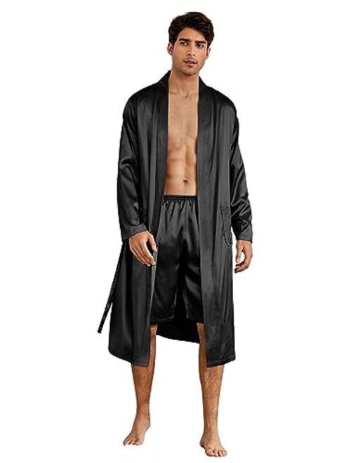 SOLY HUX Men's Silk Bathrobes Long Sleeve Satin Kimono Robe with Shorts Sleepwear Pajamas Set