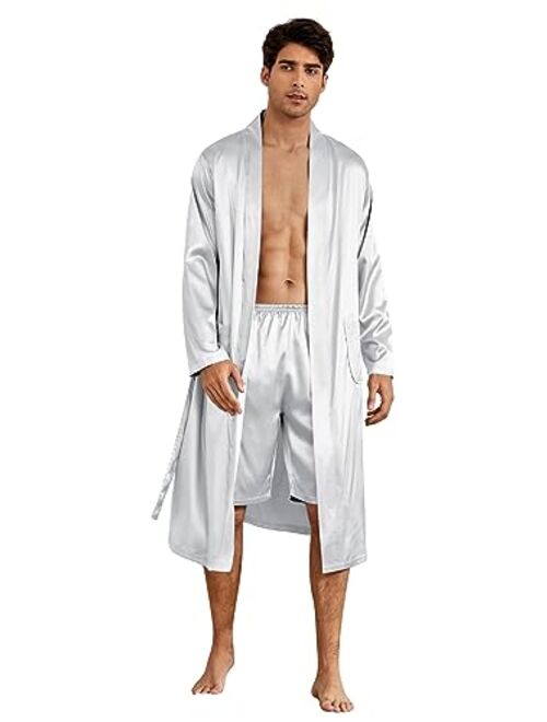 SOLY HUX Men's Silk Bathrobes Long Sleeve Satin Kimono Robe with Shorts Sleepwear Pajamas Set