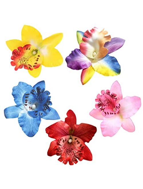 HipGirl 5pc 3" Hawaii Hawaiian Orchid Flower Hair Clip Tropical Hair Accessory Alligator Clip For Moana Party Supplies,Match Beach Dress,Hawaiian Shirt