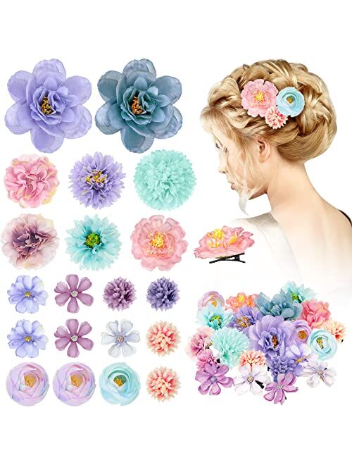 Bbto 21 Pieces Flower Hair Clip Rose Hair Clips Hair Barrettes for Women Flower Hair Accessories Boho Bride Claw Clip Hairpin Brooch Pin Headpiece for Girls Wedding (Blue