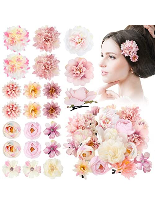 Bbto 21 Pieces Flower Hair Clip Rose Hair Clips Hair Barrettes for Women Flower Hair Accessories Boho Bride Claw Clip Hairpin Brooch Pin Headpiece for Girls Wedding (Blue