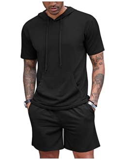 Men's Tracksuit 2 Piece Hooded Athletic Sweatsuit Short Sleeve Casual Sports Hoodie Shorts Set