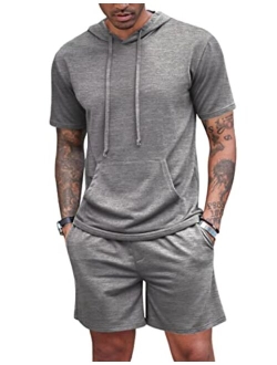 Men's Tracksuit 2 Piece Hooded Athletic Sweatsuit Short Sleeve Casual Sports Hoodie Shorts Set